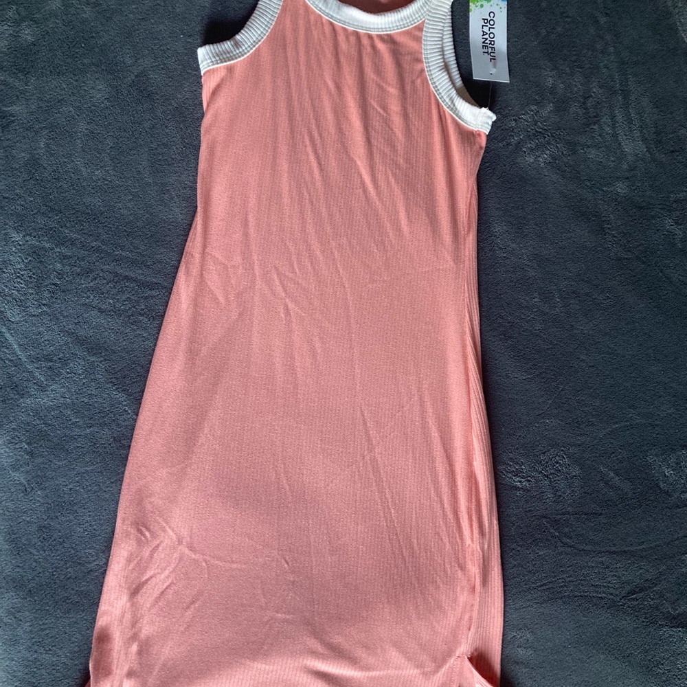 Colorful Planet Coral Ribbed Dress with White Trim - Picture 2 of 5